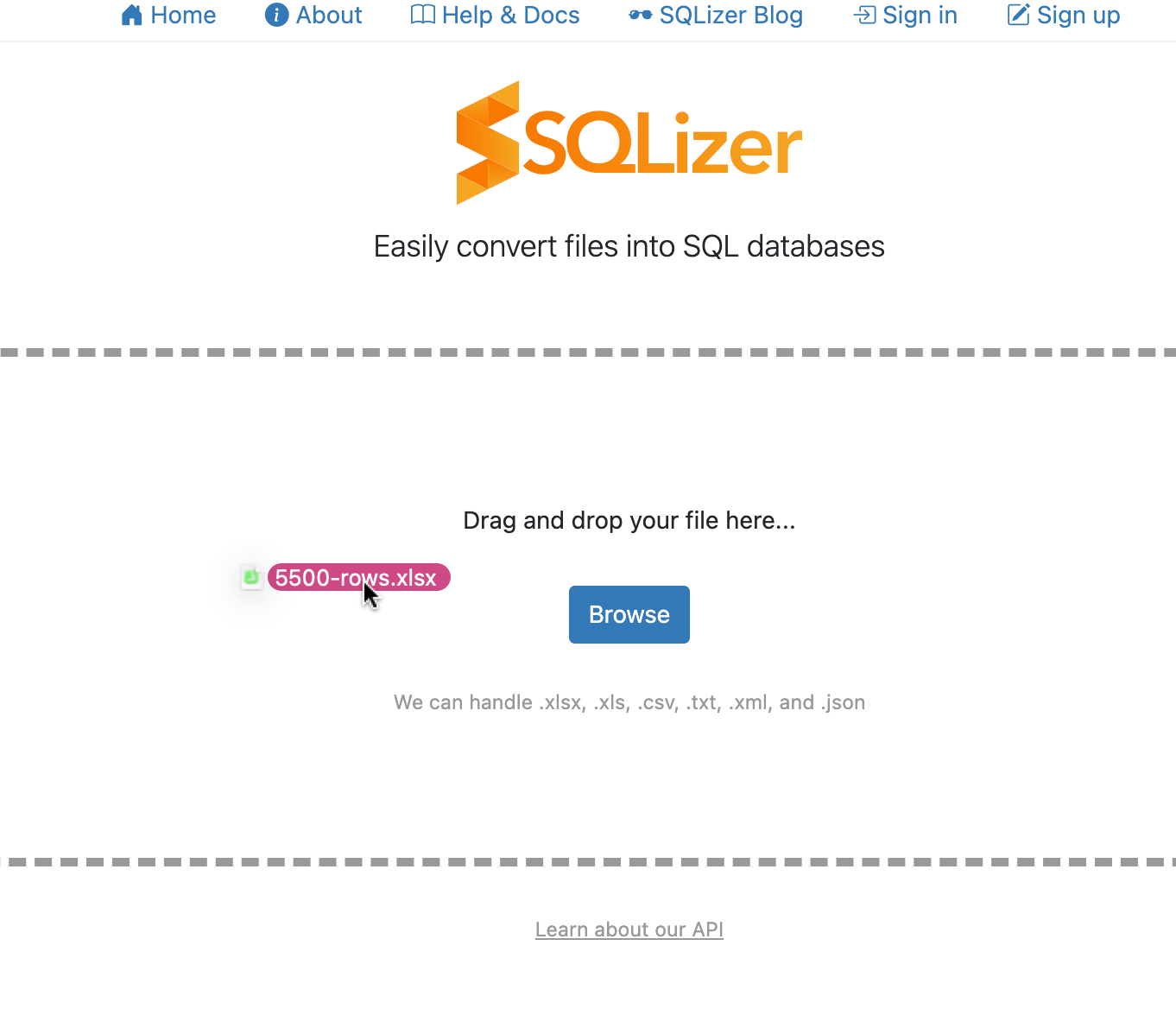 Drag and drop an Excel file to convert to SQL
