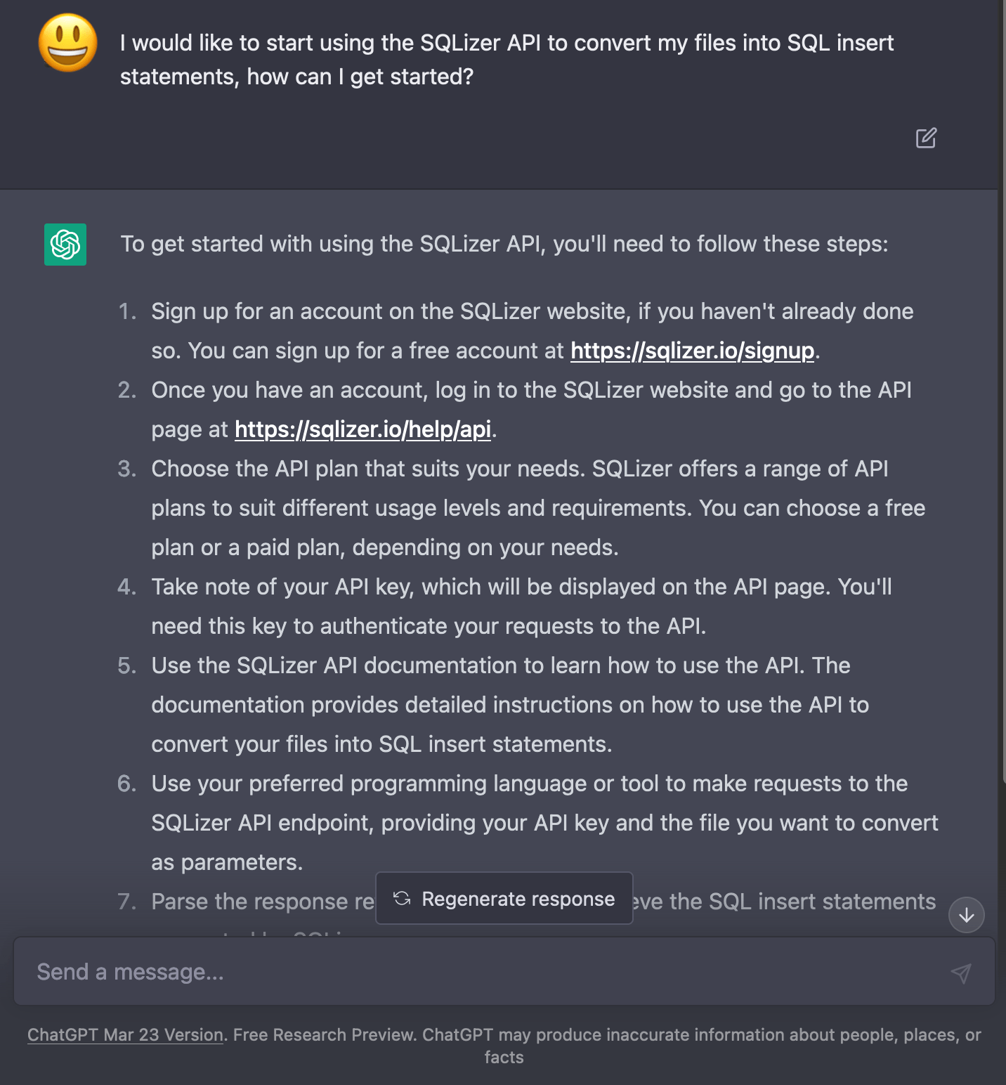 The ChatGPT Assistant explaining the SQLizer API